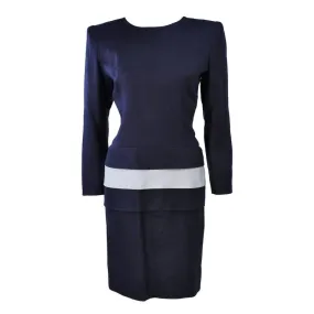 GIVENCHY Couture Navy Linen Color Block Dress with Bow Size 6