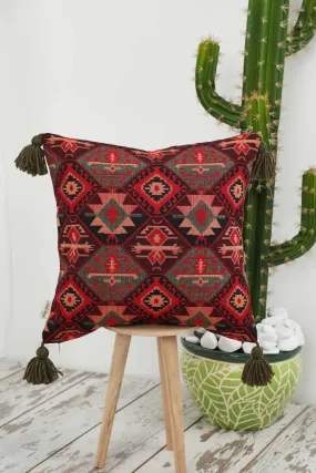 Tribal Kilim Patterned Throw Pillow with Tassels, Bold Southwestern Decor Cushion for Boho Homes, Rustic Boho Decor for Living Room,K-409